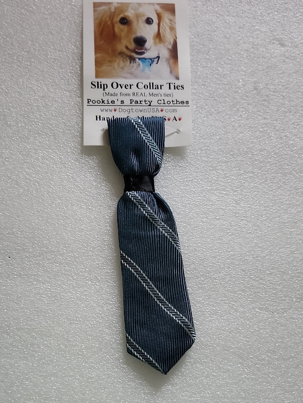 Hand Crafted Silvery Blue & White Slip-Over Dog Collar Tie